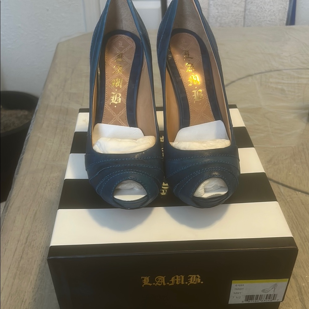 L.A.M.B. Blue Suede Peep Toe Heels